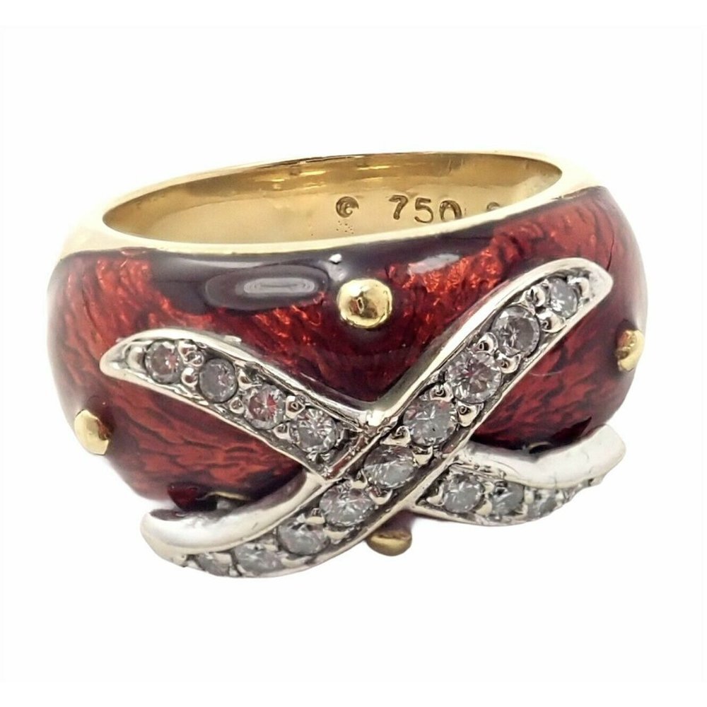 Authentic! Hidalgo 18k Yellow Gold Red Enamel X Diamond Ring Sz 5​